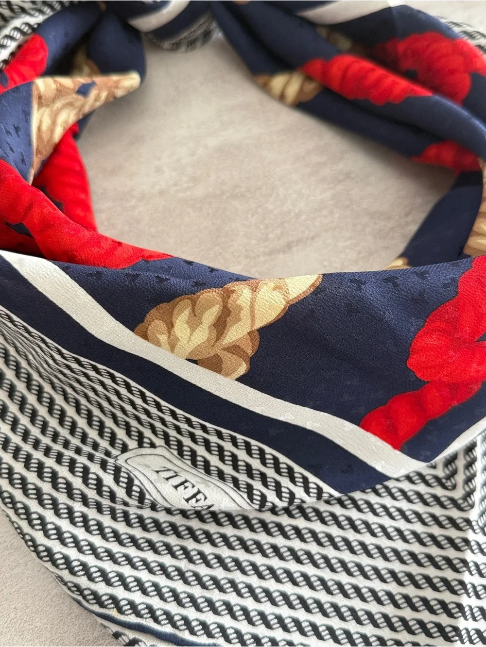 Tiffany & Co. Navy, Red & Gold Floral Silk Scarf with Graphic Border